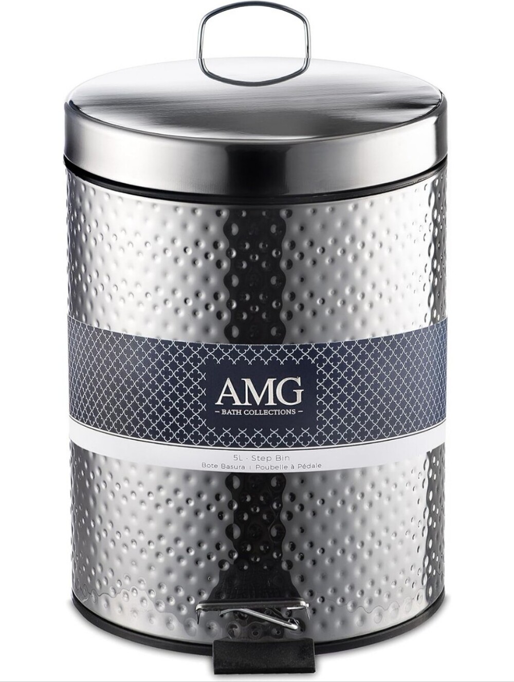 NEW AMG Polished Chrome Hammered Round Step Foot Pedal Trash Can Removable Liner
